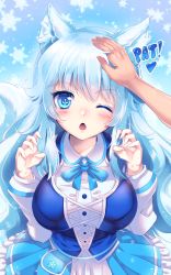 Rule 34 | 1girl, absurdres, animal ears, aqua hair, blue eyes, breasts, claw pose, commentary, commission, cross-laced clothes, english text, facing viewer, fang, fingernails, hand on another&#039;s head, headpat, highres, indie virtual youtuber, large breasts, linnea kataja, long hair, looking at viewer, lumi (merryweather), one eye closed, snow, snowflakes, solo focus, tail, upper body, virtual youtuber, wolf tail