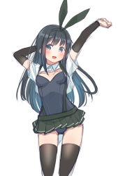 Rule 34 | 1girl, animal ears, arm warmers, asashio (kancolle), black hair, black leotard, black thighhighs, blue eyes, blush, breasts, collared shirt, covered navel, cowboy shot, detached collar, fake animal ears, fake tail, gluteal fold, hair between eyes, highres, kantai collection, leotard, leotard under clothes, long hair, looking at viewer, open clothes, open mouth, open shirt, playboy bunny, rabbit ears, rabbit tail, retsumaru, shirt, short sleeves, simple background, sketch, skirt, small breasts, strapless, strapless leotard, suspenders, tail, thighhighs, white background