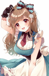 Rule 34 | 1girl, :d, apron, arm up, black gloves, blue dress, blush, bow, braid, breasts, brown hair, collared shirt, commentary request, dress, flower, frilled apron, frills, gloves, hair bow, hair flower, hair ornament, head tilt, highres, leaning forward, long hair, looking at viewer, medium breasts, necktie, open mouth, original, puracotte, red eyes, red necktie, shirt, short necktie, simple background, sleeveless, sleeveless dress, smile, solo, striped bow, striped clothes, striped dress, vertical-striped clothes, vertical-striped dress, very long hair, waist apron, white apron, white background, white flower, white shirt