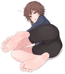 Rule 34 | 1girl, amane suzuha, ass, barefoot, bike shorts, black bike shorts, black shorts, blush, brown hair, cameltoe, feet, foot focus, full body, greek toe, green eyes, highres, jacket, kahlua (artist), looking at viewer, lying, notice lines, on side, open mouth, parted lips, shorts, simple background, soles, solo, steins;gate, sweat, teeth, toes, trembling, upper teeth only, white background