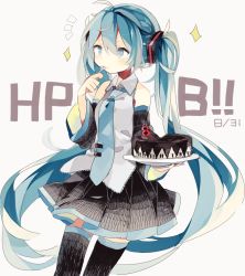 Rule 34 | 1girl, aqua eyes, aqua hair, birthday, cake, character name, detached sleeves, eating, food, hatsune miku, long hair, necktie, simple background, skirt, solo, thighhighs, twintails, very long hair, vocaloid, white background, youshun (sugafo)
