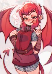 Rule 34 | 1girl, blush, breasts, character request, closed mouth, copyright request, dragon girl, dragon tail, dragon wings, ear piercing, fangs, fangs out, freckles, hand on own hip, highres, looking at viewer, medium breasts, piercing, red eyes, red hair, red nails, sami (pirateyoukai), short hair, short sleeves, solo, tail, tongue, tongue out, tongue piercing, wings
