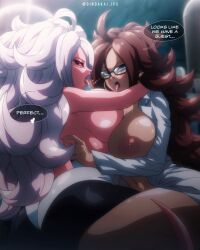 2girls ahoge android_21 black_sclera blue_eyes blush breasts brown_hair colored_sclera colored_skin dindakai dragon_ball dragon_ball_fighterz dual_persona earrings female_focus from_behind functionally_nude glasses highres hoop_earrings huge_breasts jewelry lab_coat large_breasts long_hair looking_at_viewer looking_back majin_android_21 multiple_girls navel pink_skin red_eyes selfcest sideboob speech_bubble tail tongue tongue_out topless white_hair yuri