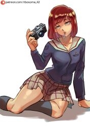 Rule 34 | 1girl, breasts, camera, cigarette, flcl, highres, holding, holding camera, lips, medium breasts, on floor, patreon username, red hair, ribosoma 42, sailor collar, samejima mamimi, school uniform, shadow, simple background, skirt, solo, white background