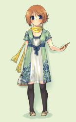Rule 34 | 00s, 1girl, blue eyes, brown hair, cellphone, dress, folded ponytail, full body, itou izumo, komaki manaka, phone, scarf, shoes, short hair, simple background, solo, standing, to heart (series), to heart 2