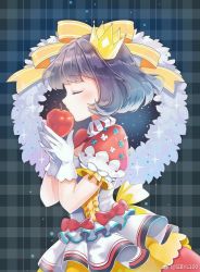 Rule 34 | 1girl, apple, blush, bow, commentary request, crown, closed eyes, food, frills, fruit, gloves, original, profile, puffy short sleeves, puffy sleeves, purple hair, red bow, short sleeves, sibyl, skirt, solo, white gloves