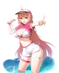 Rule 34 | 1girl, ahoge, bikini, bikini top only, blonde hair, breasts, cleavage, closers, contrapposto, dolphin shorts, drawstring, green eyes, hand up, highres, holding, hood, hood down, large breasts, long hair, looking at viewer, navel, non-web source, official art, open mouth, outstretched arm, pointing, ribbon, short shorts, short sleeves, shorts, shrug (clothing), skindentation, smile, solo, soma (closers), sparkle, standing, stomach, sweatdrop, swimsuit, thigh strap, thighs, very long hair, visor cap, wading, water, whistle, white bikini, white shorts, wrist ribbon, wristband