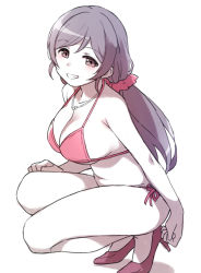 Rule 34 | 1girl, bikini, breasts, clenched teeth, duke (inu daimyou), hair ornament, hair scrunchie, halterneck, jewelry, large breasts, long hair, looking at viewer, love live!, love live! school idol project, low twintails, necklace, purple eyes, purple hair, red bikini, red footwear, red scrunchie, scrunchie, shoes, side-tie bikini bottom, simple background, smile, solo, squatting, string bikini, swimsuit, teeth, tojo nozomi, twintails, white background