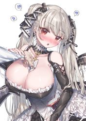 Rule 34 | 1boy, 1girl, :o, ?, artist name, azur lane, between breasts, black bow, black dress, blush, bow, breasts, cleavage, commander (azur lane), corset, covered erect nipples, detached collar, dress, earrings, formidable (azur lane), frilled dress, frills, hair bow, head tilt, highres, jewelry, kirisaki shuusei, large breasts, leaning forward, long hair, long sleeves, motion lines, nose blush, parted lips, red eyes, silver hair, solo focus, speech bubble, spoken question mark, sweat, trembling, upper body, very long hair