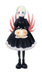 Rule 34 | 1girl, black dress, black pantyhose, blue eyes, breath of fire, breath of fire v, closed mouth, commentary request, dress, eyes visible through hair, facial mark, green hair, hair over one eye, halloween, jack-o&#039;-lantern, looking at viewer, nina (breath of fire v), pantyhose, pumpkin, red wings, short hair, simple background, solo, syari18192, white background, wings