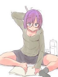 Rule 34 | 1girl, barefoot, bike shorts, blue eyes, book, bottle, breasts, chrono trigger, closed mouth, dated, feet, full body, glasses, lucca ashtear, purple hair, short hair, simple background, sitting, solo, white background, yumeno tanuki