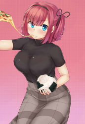 Rule 34 | 1girl, arm up, bad id, bad pixiv id, black hairband, black ribbon, black shirt, blue eyes, blush, bra, bra visible through clothes, breasts, checkered clothes, checkered skirt, cold (hoshinoskull), commentary request, eating, food, food on face, gradient background, hair ribbon, hairband, highres, holding, holding food, large breasts, looking at viewer, mochizuki momiji, new game!, one side up, onigiri, pizza, ribbon, see-through, shirt, shirt tucked in, short hair, short sleeves, skirt, solo, sweatdrop, underwear