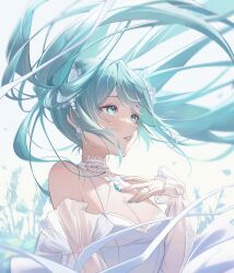 Rule 34 | 1girl, aqua eyes, aqua hair, aqua nails, bare shoulders, choker, commentary, detached sleeves, earrings, english commentary, frilled choker, frills, hatsune miku, highres, jewelry, midori xu, pearl earrings, ring, see-through, see-through sleeves, simple background, solo, twintails, vocaloid, wedding ring, white background