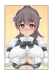 Rule 34 | 1girl, 30 minutes sisters, :o, alternate breast size, black bow, blush, bow, breasts, brown eyes, brown hair, gloves, highres, imagawa akira, juliet sleeves, large breasts, long sleeves, luluce (30ms), ponytail, puffy sleeves, solo, steaming body, unbuttoning, underboob, upper body, white gloves
