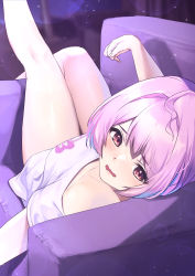 Rule 34 | 1girl, ahoge, bare legs, blue hair, breasts, couch, highres, idolmaster, idolmaster cinderella girls, lens flare, looking back, lying, medium breasts, multicolored hair, no pants, pepeo, pink hair, short hair, short sleeves, solo, two-tone hair, wavy mouth, yumemi riamu