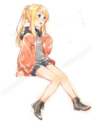 Rule 34 | 1girl, :d, ankle boots, arm at side, arm support, bare legs, black footwear, black shorts, blonde hair, blue eyes, blue shirt, blush, boots, casual, cross-laced footwear, fingernails, full body, fullmetal alchemist, hair ribbon, hand up, happy, high ponytail, highres, hood, hood down, hooded jacket, jacket, knees together feet apart, lace-up boots, long hair, looking away, open clothes, open jacket, open mouth, pink ribbon, ponytail, red jacket, ribbon, shirt, short shorts, shorts, shyh yue, sidelocks, simple background, sitting, smile, solo, sparkle, sparkle background, straight hair, striped, striped background, teeth, upper teeth only, white background, winry rockbell