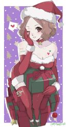 Rule 34 | 1girl, alternate costume, bare shoulders, breasts, brown eyes, brown hair, chako (p4amg1208), christmas, collarbone, commentary request, dress, elbow gloves, full body, gloves, hat, heart, highres, looking at viewer, okumura haru, one eye closed, persona, persona 5, santa hat, short hair, sitting, smile, solo, spoken heart, strapless, strapless dress, thighhighs