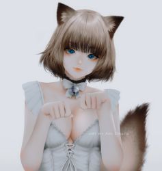 Rule 34 | 1girl, animal ears, aoi ogata, artist name, bell, blue eyes, bow, breasts, brown hair, cat ears, cat girl, cat tail, cleavage, clip studio paint (medium), closed mouth, commentary, commission, copyright request, dress, english commentary, grey background, hands up, highres, jingle bell, looking at viewer, medium breasts, paw pose, red lips, short hair, simple background, sleeveless, sleeveless dress, smile, solo, tail, upper body, virtual youtuber, white bow, white dress