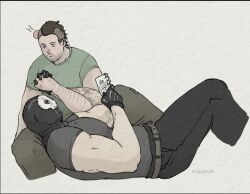 Rule 34 | 2boys, alternate costume, arm hair, arm tattoo, bara, beard stubble, black hair, blank eyes, blank stare, call of duty, call of duty: modern warfare 2, couple, cropped legs, doodles, facial hair, flat color, friedtoff, ghost (modern warfare 2), holding hands, interlocked fingers, lap pillow, large pectorals, looking at another, lying, male focus, mask, mature male, multiple boys, muscular, muscular male, mustache stubble, on back, pants, pectorals, shirt, short hair, skull mask, soap (modern warfare 2), solid oval eyes, stubble, t-shirt, tattoo, yaoi