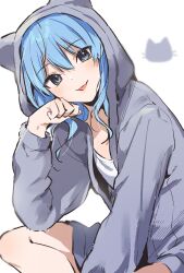 1girl absurdres blue_eyes blue_hair dot_nose grey_hoodie hair_bikini highres hololive hood hood_up hoodie hoshimachi_suisei looking_at_viewer medium_hair shirt simple_background sitting solo suicchonsuisui tongue tongue_out virtual_youtuber white_background white_shirt