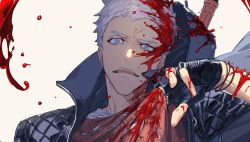 Rule 34 | 1boy, black gloves, blood, blood on clothes, blood on face, blue coat, blue eyes, coat, devil may cry (series), devil may cry 5, fingerless gloves, gloves, hand up, highres, hood, hood down, hooded coat, looking at viewer, male focus, nero (devil may cry), ogata tomio, open mouth, portrait, red shirt, shirt, simple background, solo, white background, white hair, white shirt