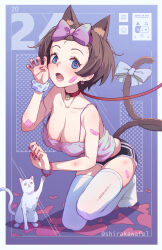 Rule 34 | 1girl, absurdres, animal, animal ears, bandaid, bandaid on face, bandaid on thigh, bare shoulders, blue eyes, breasts, brown hair, cat, cat ears, cat tail, cleavage, commentary, english commentary, hairband, heart, heart-shaped pupils, highres, injury, kneeling, leash, looking at viewer, open mouth, original, red nails, shirakawafel, short hair, shorts, solo, symbol-shaped pupils, tail, thighhighs, white thighhighs