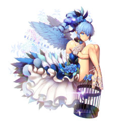 Rule 34 | 1girl, absurdres, bad id, bad pixiv id, bare shoulders, birdcage, blue eyes, blue flower, blue hair, blue rose, blush, cage, closed mouth, collarbone, drill hair, flower, hair flower, hair ornament, highres, long hair, looking at viewer, original, ponytail, rose, solo, y.i. (lave2217)