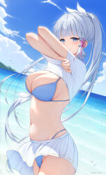 1girl absurdres ayaka_(genshin_impact) bikini bikini_under_clothes blue_bikini blue_eyes blue_hair blue_sky blunt_tresses blush breasts cleavage closed_mouth clothes_lift cloud cloudy_sky commentary_request cowboy_shot day genshin_impact hair_tubes highres large_breasts lifting_own_clothes long_hair looking_at_viewer miniskirt mole mole_under_eye navel ocean outdoors paid_reward_available patreon_username pink_ribbon pleated_skirt ponytail ribbon rosumerii shirt shirt_lift short_sleeves skirt sky smile solo stomach swimsuit wet white_shirt white_skirt