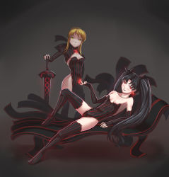 Rule 34 | 2girls, angra mainyu (fate), artoria pendragon (all), artoria pendragon (fate), black hair, blonde hair, corruption, dark persona, dark tohsaka rin, evil, evil smile, fate/stay night, fate (series), highres, leebigtree, looking at viewer, multiple girls, possessed, possession, red eyes, saber (fate), saber alter, sitting, smile, sword, tohsaka rin, twintails, weapon, yellow eyes