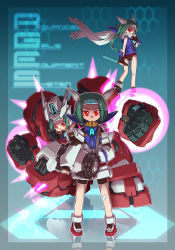 Rule 34 | 10s, 3girls, armor, bike shorts, energy, english text, fingerless gloves, gloves, glowing, glowing eyes, green hair, gundam, gundam age, gundam age-1, gundam age-1 spallow, gundam age-1 titus, headband, helmet, jacket, king of unlucky, knife, mecha musume, mechanical arms, mechanical legs, multiple girls, panties, personification, red eyes, reflection, scarf, standing, underwear