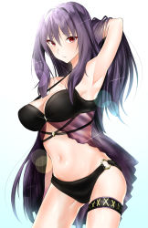 Rule 34 | 1girl, arm at side, arm behind head, arm up, armpits, bare arms, bare legs, bare shoulders, bikini, black bikini, breasts, cleavage, collarbone, cowboy shot, eyelashes, fate/grand order, fate (series), glint, gluteal fold, gradient background, hand in own hair, highres, large breasts, legs apart, long hair, looking at viewer, navel, o-ring, o-ring bikini, o-ring bottom, parted lips, purple hair, red eyes, scathach (fate), scathach (fate/grand order), scathach (swimsuit assassin) (fate), shirasu (kaduki1kaduki), solo, sparkle, standing, stomach, swimsuit, teeth, very long hair