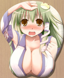 Rule 34 | 1girl, armpits, blush, breast mousepad, breasts, cleavage, detached sleeves, female focus, huge breasts, kochiya sanae, kurikara, mousepad, mousepad (medium), solo, tears, touhou, upper body