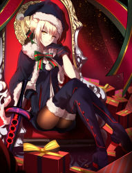 Rule 34 | 1girl, artoria pendragon (all), artoria pendragon (fate), black footwear, black pantyhose, blonde hair, boots, bored, capelet, chair, crossed legs, excalibur morgan (fate), fate/grand order, fate (series), fur-trimmed boots, fur trim, gift, gloves, half-closed eyes, highres, looking at viewer, pale skin, pantyhose, saber (fate), saber alter, shigure s, sitting, solo, thigh boots, thighhighs, yellow eyes