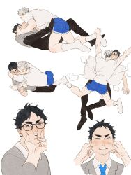 Rule 34 | 2boys, akaashi keiji, arm grab, black eyes, black footwear, black hair, black pants, blue necktie, blue shorts, bokuto koutarou, book, cheek pinching, cheek squash, chengongzi123, closed eyes, commentary, disembodied limb, dolphin shorts, facing another, full body, glasses, grey hair, grey jacket, haikyuu!!, hands up, highres, holding, holding book, hug, jacket, looking at object, looking at viewer, lying, lying on person, male focus, multiple boys, multiple views, necktie, on back, on stomach, open mouth, pants, pillow, pinching, pushing away, reading, shirt, short sleeves, shorts, simple background, symbol-only commentary, tears, upper body, white background, white shirt, yaoi