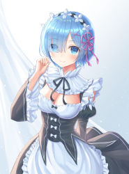 Rule 34 | 1girl, apron, bad id, bad pixiv id, black dress, black ribbon, black sleeves, blue eyes, blue hair, blush, breasts, cleavage, closed mouth, commentary request, detached sleeves, dress, eyes visible through hair, fingernails, frilled apron, frills, hair over one eye, hair ribbon, hand up, highres, juliet sleeves, long sleeves, maid, medium breasts, neck ribbon, pink ribbon, puffy sleeves, re:zero kara hajimeru isekai seikatsu, rem (re:zero), revision, ribbon, seungju lee, smile, solo, waist apron, white apron, wide sleeves