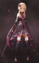 Rule 34 | 1girl, alternate color, arm guards, bare shoulders, black dress, black flower, black thighhighs, blonde hair, breasts, brown gloves, closed mouth, commentary request, dark background, dress, flower, full body, genshin impact, gloves, gradient background, hair flower, hair ornament, highres, holding, holding sword, holding weapon, looking at viewer, lumine (genshin impact), lunacle, medium breasts, mixed-language commentary, red eyes, short hair with long locks, sidelocks, solo, standing, sword, thighhighs, v-shaped eyebrows, weapon, zettai ryouiki