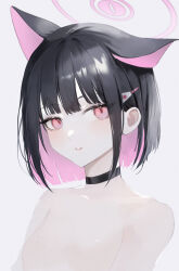 1girl absurdres animal_ears bbul_horn black_choker blue_archive cat_ears choker collarbone colored_inner_animal_ears colored_inner_hair extra_ears halo highres kazusa_(blue_archive) multicolored_hair nude pink_eyes pink_hair pink_halo simple_background solo upper_body white_background