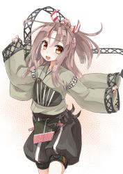Rule 34 | 1girl, apron, arms up, brown eyes, brown hair, commentary request, cowboy shot, grey shorts, hachimaki, headband, high ponytail, highres, japanese clothes, kantai collection, koda (kodadada), light brown hair, long hair, looking at viewer, muneate, ponytail, puffy shorts, remodel (kantai collection), shorts, solo, w arms, zuihou (kancolle)