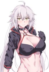 Rule 34 | 1girl, ahoge, bikini, bikini top only, breasts, cleavage, closed mouth, collarbone, commentary request, cowboy shot, fate/apocrypha, fate/grand order, fate (series), jacket, jeanne d&#039;arc alter (swimsuit berserker) (fate), jeanne d&#039;arc (fate), jeanne d&#039;arc alter (fate), jeanne d&#039;arc alter (swimsuit berserker) (fate), large breasts, long hair, matsunaga garana, navel, shrug (clothing), silver hair, swimsuit, white background, yellow eyes