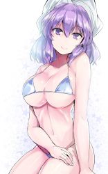 Rule 34 | 1girl, bare arms, bare shoulders, bikini, blue bikini, breasts, collarbone, commentary request, cowboy shot, hair between eyes, halterneck, hand on own thigh, hand on thigh, hat, head tilt, highres, large breasts, letty whiterock, looking at viewer, micro bikini, navel, one-hour drawing challenge, pink lips, purple eyes, purple hair, short hair, sidelocks, sitting, solo, star (symbol), starry background, stomach, swimsuit, thighs, touhou, white background, white hat, y2