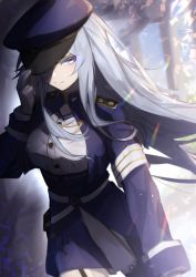 Rule 34 | 1girl, 86 -eightysix-, abstract background, adjusting clothes, adjusting headwear, belt, blue hat, blue jacket, buttons, closed mouth, collared jacket, commentary request, garter straps, gloves, grey eyes, grey hair, hat, high collar, highres, jacket, long hair, long sleeves, looking at viewer, military, military hat, military uniform, ozeu0916, shirt, sidelocks, solo, standing, uniform, vladilena millize, white gloves