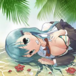 Rule 34 | 10s, 1girl, anshinmama, aqua hair, bikini, breasts, cleavage, clenched hand, collared shirt, flower, green eyes, grin, hair ornament, hairclip, hand on own chest, hibiscus, kantai collection, large breasts, long hair, lying, lying on water, on side, open clothes, open shirt, palm tree, partially submerged, petals, shirt, smile, solo, sparkle, striped bikini, striped clothes, suzuya (kancolle), swimsuit, tree, uniform, upper body, water, wet, wet clothes, wet hair, wet shirt, white shirt
