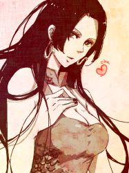 Rule 34 | 1girl, alternate costume, black hair, boa hancock, breasts, cleavage, earrings, female focus, heart, jewelry, long hair, looking at viewer, monochrome, nail polish, one piece, solo