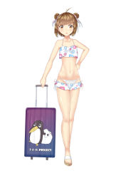 Rule 34 | 10s, 1girl, 2 fuel 4 ammo 11 steel, absurdres, alternate costume, bikini, brown eyes, brown hair, double bun, failure penguin, hair bun, hand on own hip, highres, kantai collection, luggage, miss cloud, naka (kancolle), navel, reon-shi, revision, short hair, simple background, solo, swimsuit