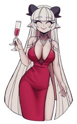 Rule 34 | animal ears, baphomet (grizz), breasts, closed eyes, cup, demon girl, dress, drinking glass, goat ears, goat horns, helltaker, highres, horns, large breasts, long hair, non-web source, red dress, smile, tagme, very long hair, white hair, wine glass
