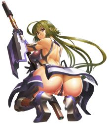 Rule 34 | 00s, 1girl, asagiri, ass, bodysuit, breasts, covered erect nipples, female focus, green hair, highres, large breasts, legs, leotard, lilith-soft, long hair, looking at viewer, looking back, open mouth, pussy, red eyes, serious, shijo kisaragi, shiny skin, skin tight, solo, taimanin (series), taimanin asagi, taimanin asagi kessen arena, thong leotard, weapon