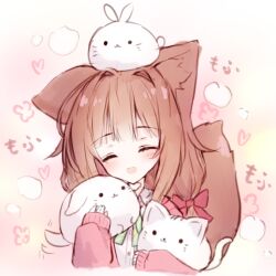 Rule 34 | 1girl, :d, ^ ^, animal, animal ear fluff, animal ears, animal on head, blush, bow, brown hair, cat, closed eyes, collared shirt, commentary request, dog, dress shirt, facing viewer, green bow, hair bow, hair intakes, heart, highres, holding, holding animal, jacket, long hair, long sleeves, on head, open clothes, open jacket, open mouth, original, pink jacket, puffy long sleeves, puffy sleeves, rabbit, red bow, shirt, sleeves past wrists, smile, solo, tail, tandohark, upper body, white cat, white shirt