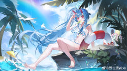 Rule 34 | 1girl, animal, bare legs, barefoot, bikini, blue archive, blue bikini, blue hair, chise (blue archive), chise (swimsuit) (blue archive), crab, day, food, food on face, highres, horns, innertube, long hair, maipianvale, navel, official alternate costume, oni horns, outdoors, palm tree, popsicle, red eyes, red horns, sailor collar, side ponytail, sitting, solo, striped bikini, striped clothes, swim ring, swimsuit, tree, water, white bikini, white sailor collar