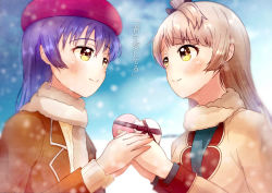 Rule 34 | 2girls, artist name, artist request, beret, blue hair, blue sky, blush, bow, breasts, brown coat, brown eyes, brown hair, brown scarf, candy, chocolate, chocolate heart, cloud, coat, face-to-face, female focus, food, gift, green sweater, hair between eyes, hair bow, hair rings, hat, heart, highres, holding, holding gift, light brown coat, light brown hair, long hair, looking at another, looking at viewer, love live!, love live! school idol project, minami kotori, multiple girls, outdoors, parted lips, ponytail, red headwear, scarf, side ponytail, sky, smile, snow, snowing, sonoda umi, sweater, upper body, winter, worried, yellow eyes, yellow sweater