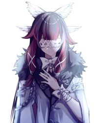 Rule 34 | 1girl, bandaged arm, bandages, black hair, bow, closed eyes, closed mouth, coat, columbina (genshin impact), eye mask, fur-trimmed coat, fur trim, genshin impact, hair flaps, hand on own chest, highres, long hair, mask, multicolored hair, p7g5o, red hair, simple background, solo, upper body, white background, white bow, white mask